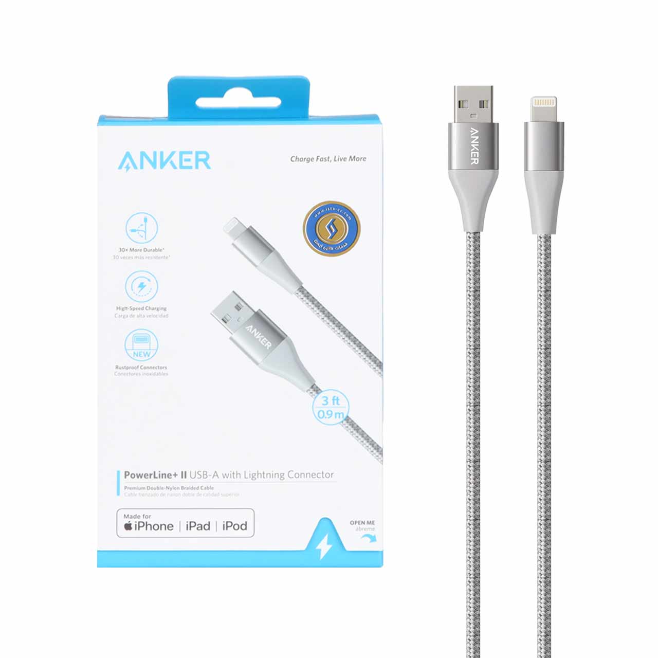 کابل شارژ 0.9 متری آیفون ANKER مدل PowerLine+II A8452 - نقره ای ...