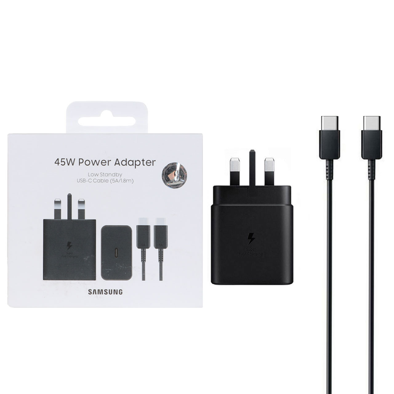 شارژر سه پین + کابل سرکارتنی اصل SAMSUNG 45W T4511 ( فست و PD) مشکی (18 ماهه شرکتی)